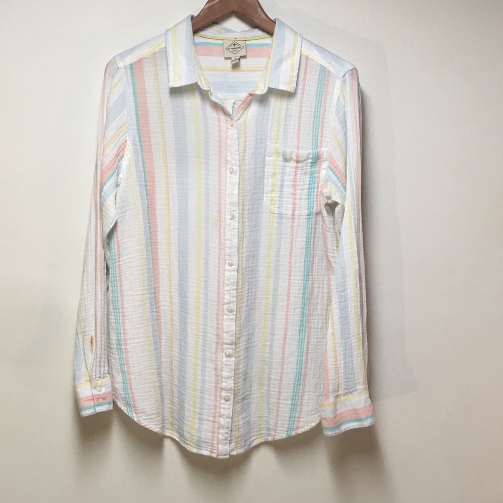 St John's Bay Button Up Shirt Womens XL White Pastel Stripe Gauze 100% Cotton
